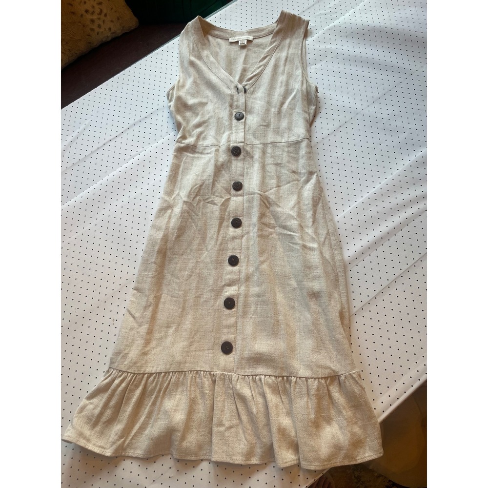 Monteau Los Angeles Linen Blend Button Front Midi Dress Beige Ruffle Hem M - Picture 2 of 9